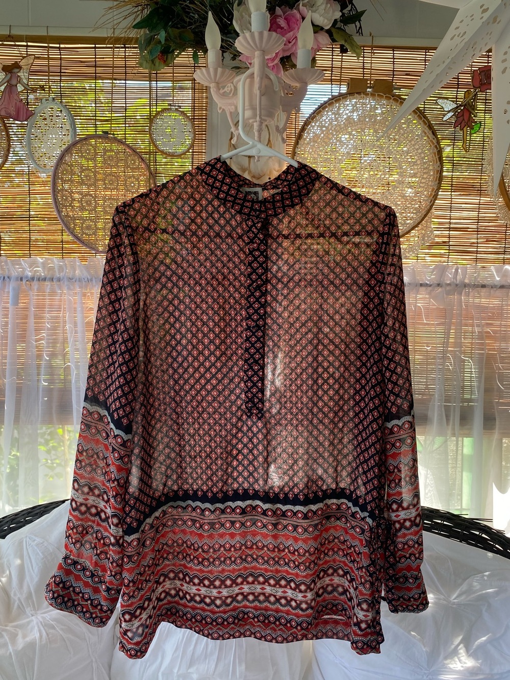 Anne Klein Sheer Geometric Print Blouse